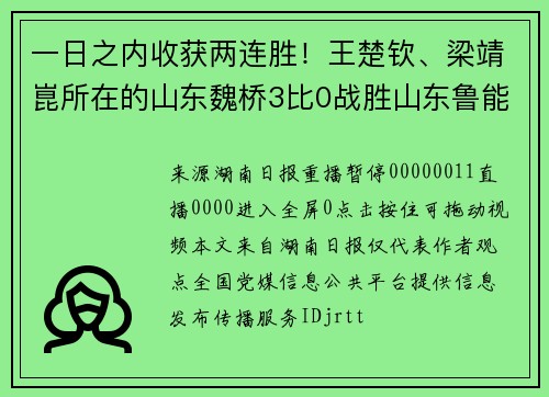 一日之内收获两连胜!王楚钦、梁靖崑所在的山东魏桥3比0战胜山东鲁能